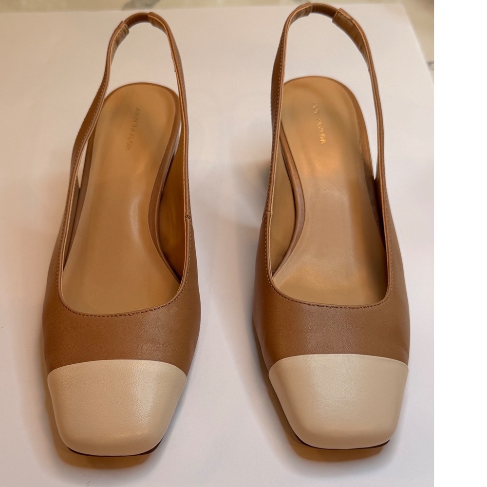 Ann Taylor Two Tone Leather Slingback Block Heel Square Toe Pumps Tan Cream 9.5M